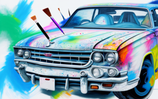A car being painted with spray cans and paintbrushes