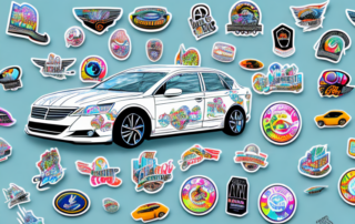 A car adorned with various creative stickers