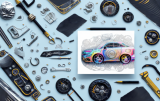 A car cockpit with various tools and foil materials scattered around