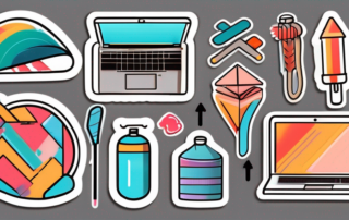 A variety of colorful stickers being applied to different objects like a laptop