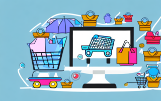 A computer with a shopping cart icon on the screen