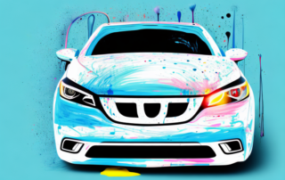 A car half-covered in fresh paint with a paint gun and a paint mask nearby