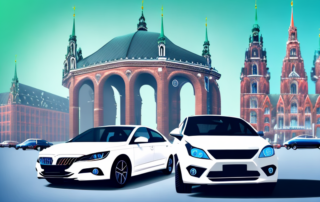 Several cars with different stylish and high-quality car wraps parked in front of iconic hamburg landmarks