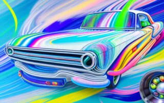 A spray gun with a vibrant color stream