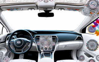 A car interior richly decorated with various unique and stylish accessories