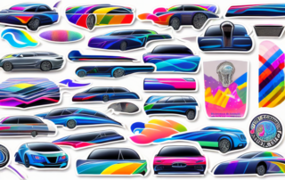 A variety of colorful and stylish stickers placed on different parts of a sleek