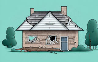 A house with a broken window and a fallen tree