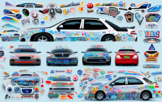 A car with various types of stickers being applied on different parts of it