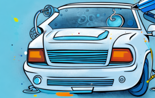 A car in a garage with a spray gun applying a fresh coat of paint