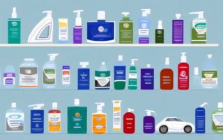 Several different types of car shampoos displayed on a shelf