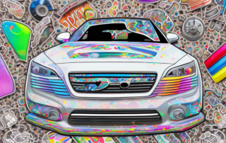 A car creatively decorated with various unique and colorful stickers
