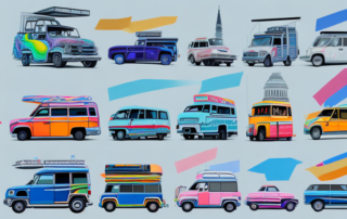 A variety of vehicles with different colorful vinyl wraps parked in front of iconic dortmund landmarks