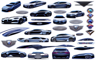A variety of stylish and unique car tuning stickers on different parts of a sleek