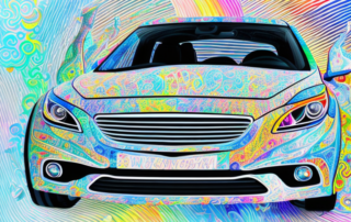 A car being creatively decorated with various unique and artistic elements