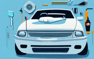 A car in a professional garage setting with various tools and spray cans