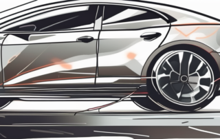 A car with noticeable deep scratches on its surface and a selection of tools and products typically used for scratch removal