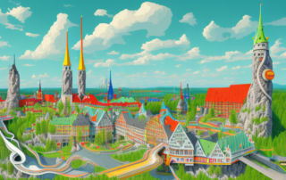 A variety of colorful slides (folien can mean slides in german) scattered across a stylized landscape representing the city of hagen