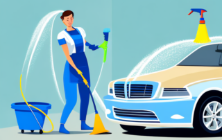 A home driveway setting with a car being washed