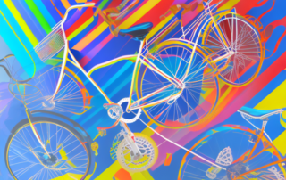 A bicycle with different sections wrapped in vibrant colored foils