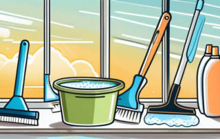 A variety of cleaning tools such as a squeegee