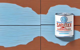 A sanded wooden surface with a can of clear varnish and a sandpaper nearby