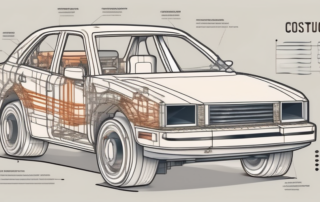 A car with various parts highlighted and labeled