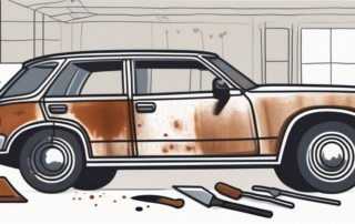 A car with visible rust patches on its body and various tools like sandpaper
