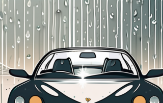 A car's windshield with rain droplets sliding off