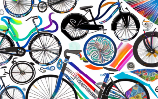 A variety of bicycles with different styles and colors of adhesive foils applied to them