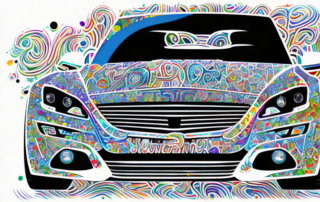 A car decorated with various unique and creative stickers