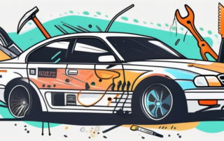 A car's front windshield adorned with various tuning stickers