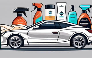 A matte-finished car with various car care products like wax