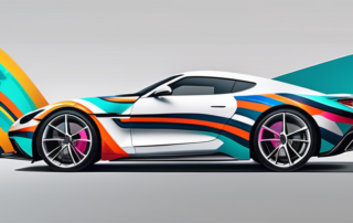 A car half-covered in a colorful vinyl wrap