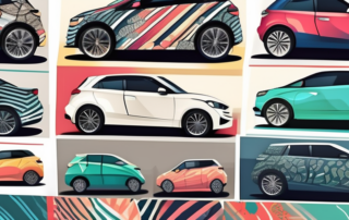 Several cars with various vibrant and unique vinyl wrap designs