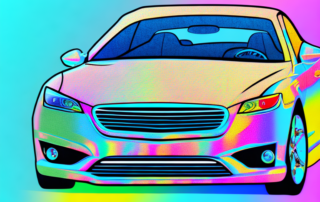 A car being wrapped in a colorful foil