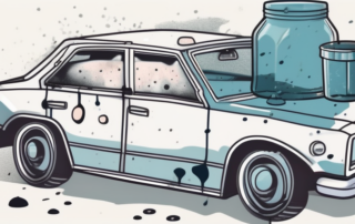A car with visible tar stains on its surface and tools like a sponge