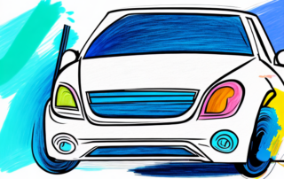 A car with small paint damages being repaired with a paintbrush and a color palette nearby