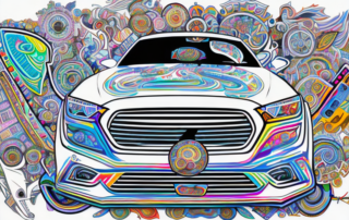 A car adorned with various creative and unique decals and stickers