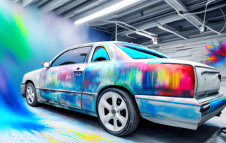 A car in a professional spray painting booth with various paint cans and tools nearby