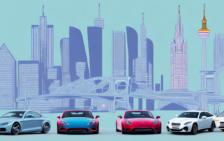 A variety of cars with different colorful wraps parked in front of a recognizable frankfurt landmark like the frankfurt skyline or the eiserner steg (iron bridge)