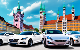 A variety of cars with different types of vibrant and sleek car wraps parked near iconic munich landmarks like the nymphenburg palace or the frauenkirche