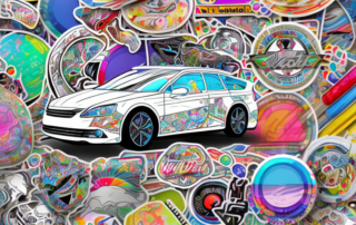 A car adorned with various unique and colorful stickers