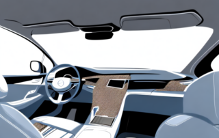 A car interior with various types of foil material samples spread out on the seats and dashboard