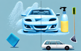 Various car cleaning tools such as a bucket of soapy water