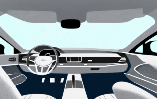 An interior of a car with visible moisture on the windows and seats