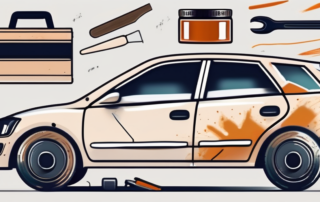 A car with visible paint damage in the process of being repaired