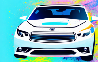 A car with half of its body covered in standard paint and the other half covered in vibrant