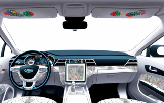 A car interior richly decorated with various accessories like hanging ornaments