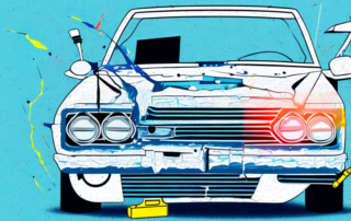 A car with visible paint damage and a toolbox with various tools nearby