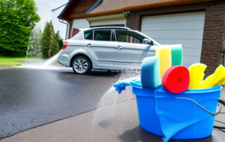 Various car washing tools like a bucket filled with soapy water
